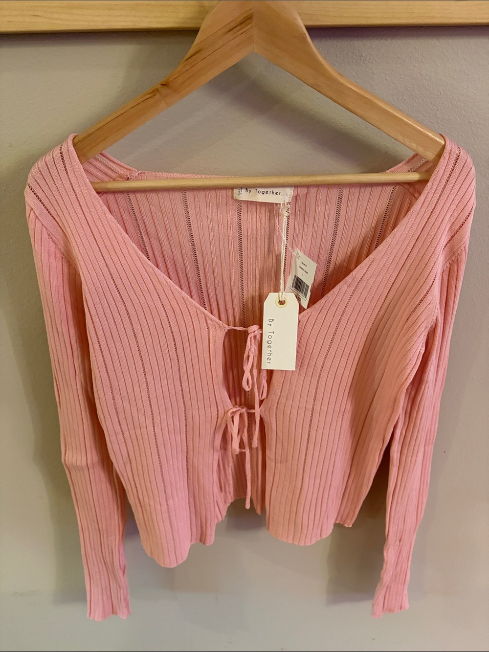 By Together Light Pink Ribbed Tie-Front Long Sleeve Top
